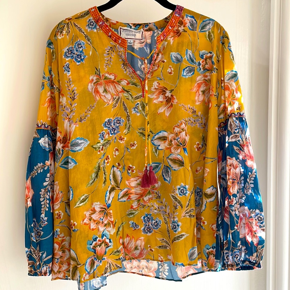 Johnny Was Effortless Peasant Blouse Floral Print w/Embroidery and Tassel Ties